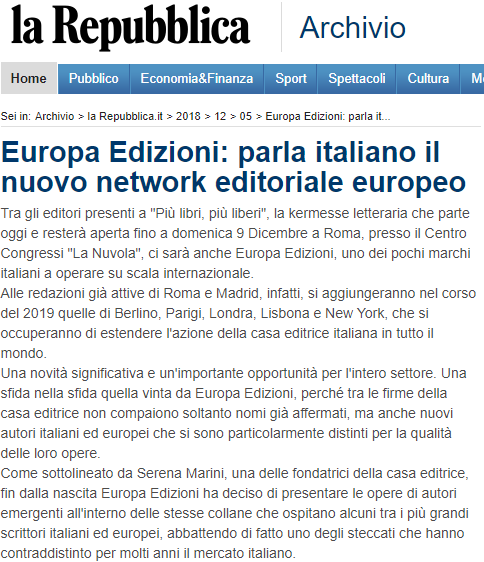 Recorte del artículo de «La Repubblica» del 5 de diciembre de 2018